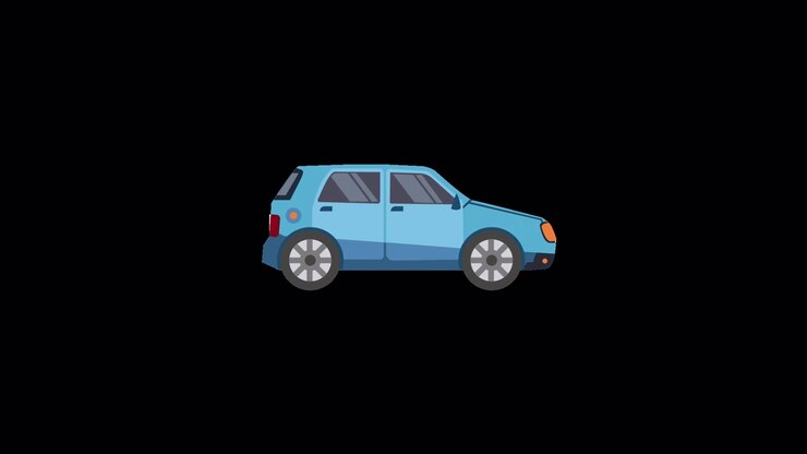 Auto blu animata che si assembla e guida su sfondo trasparente