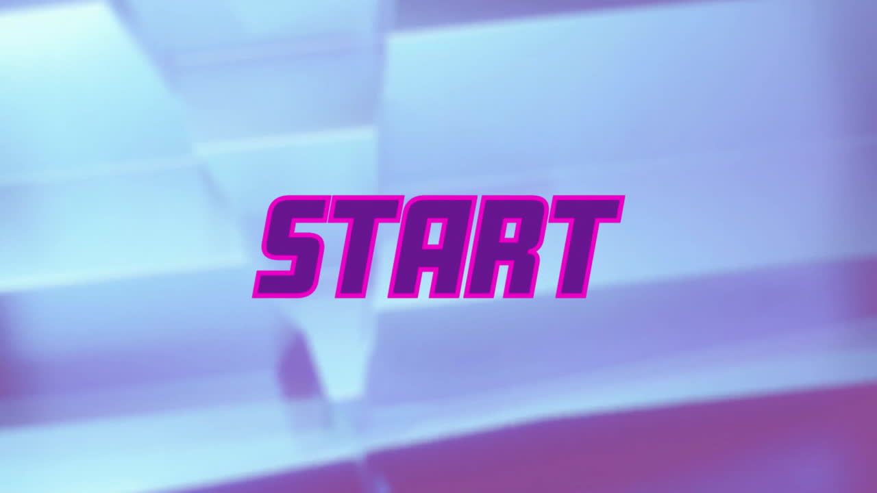 animación del texto de inicio en púrpura sobre formas metálicas plateadas en movimiento