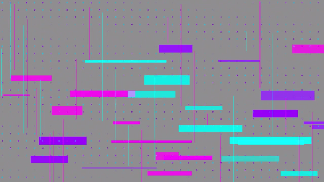 Abstrakter digitaler Hintergrund mit sich bewegenden Neonbalken und Datencode