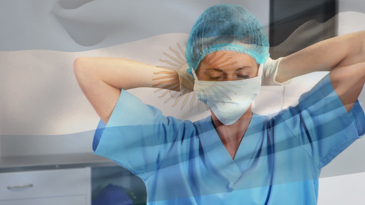 animación de la bandera argentina ondeando sobre los cirujanos en el quirófano