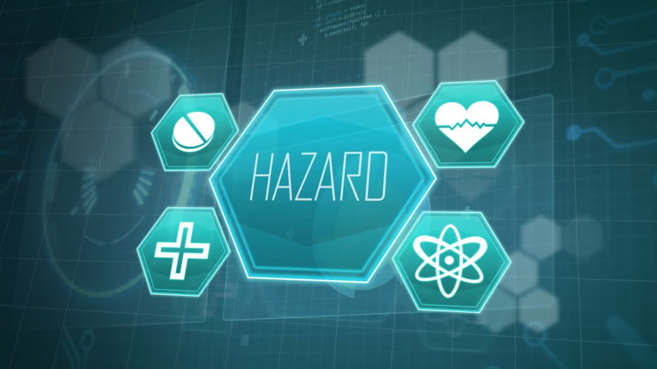 animación del texto de peligro y procesamiento de datos científicos sobre un fondo azul.