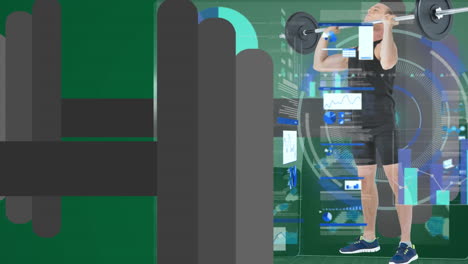 animación de procesamiento de datos y formas sobre hombre caucásico en fondo verde.