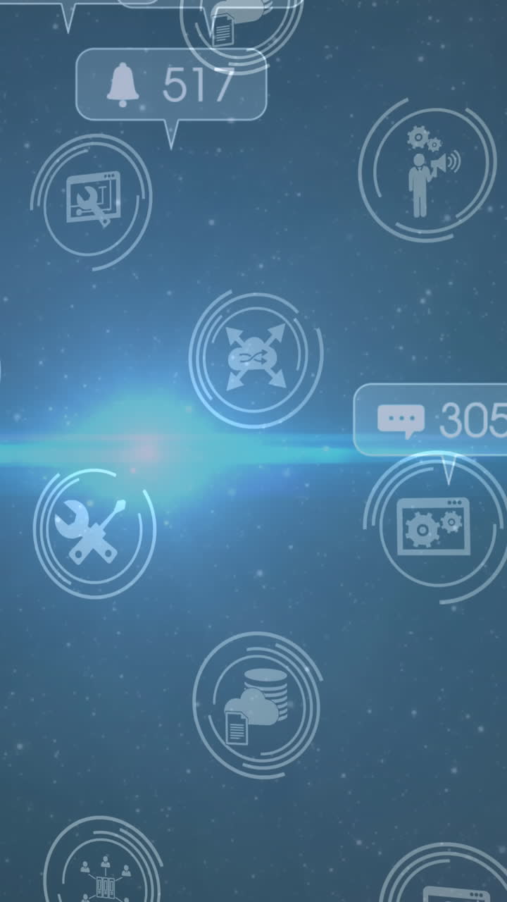 animação de ícones e números de mídias sociais sobre fundo azul