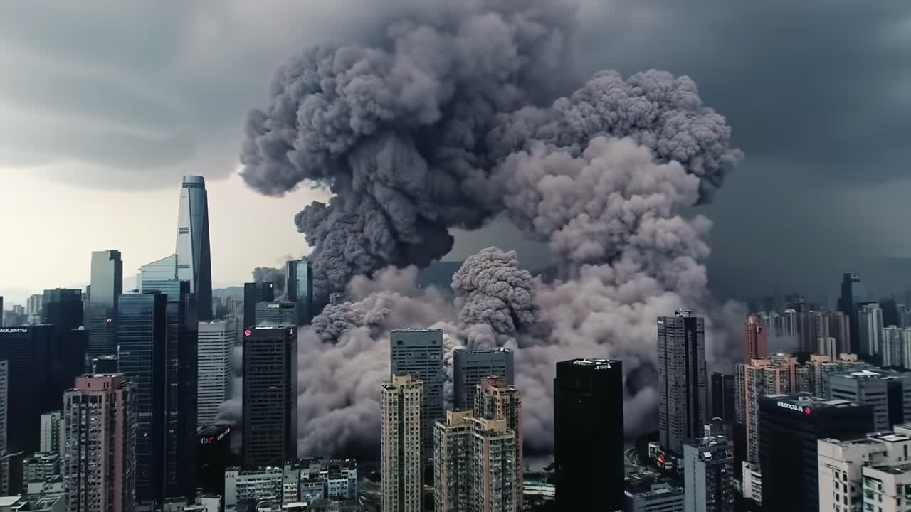 Dramatic Eruption of Smoke and Ash Over Cityscape Captured in Striking Aerial Frames, Showcasing the Impact of Urban Environment Under Natural Disturbance