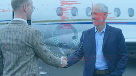 анимация масштабов и обработки данных над кавказскими бизнесменами, пожимающими руки и самолетом