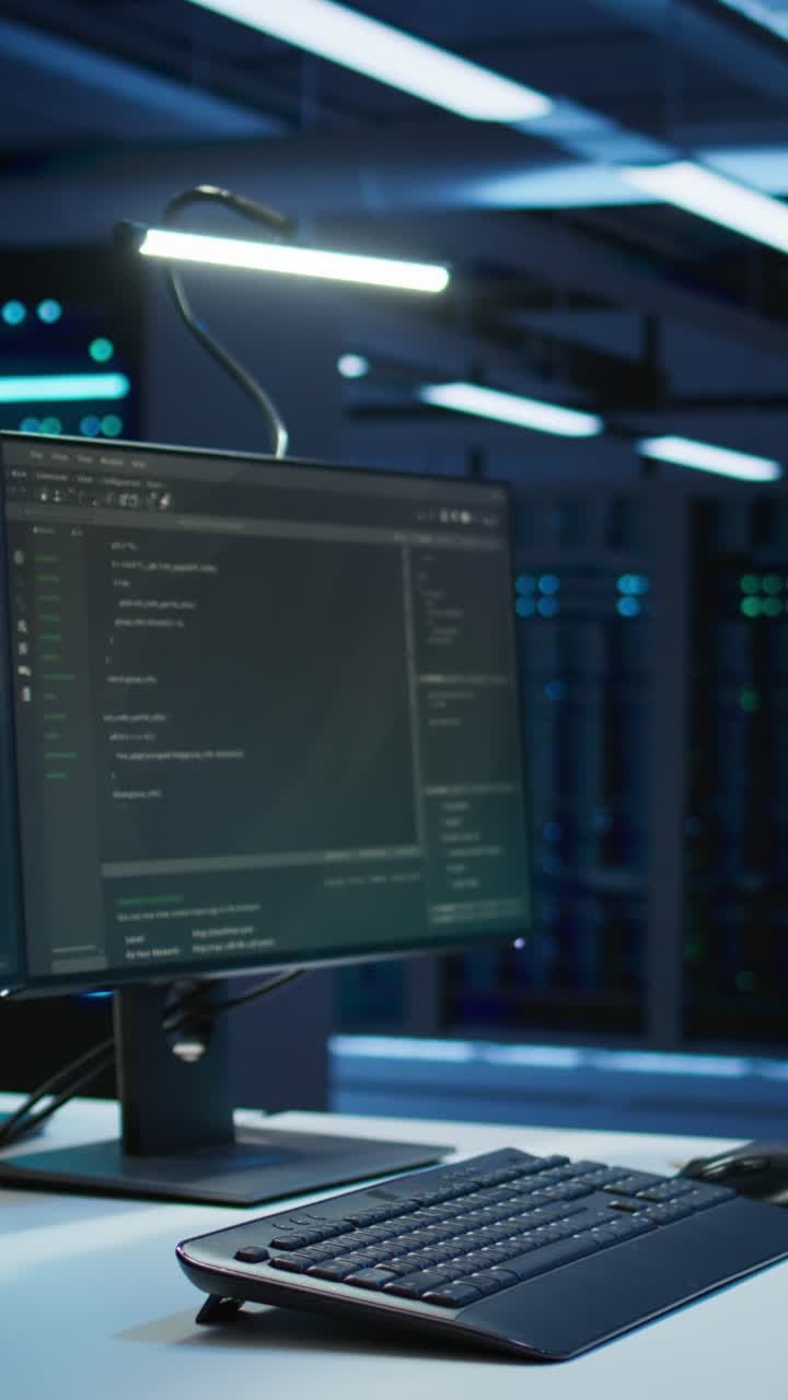 Dual Monitors Displaying Programming Code in a Server Room