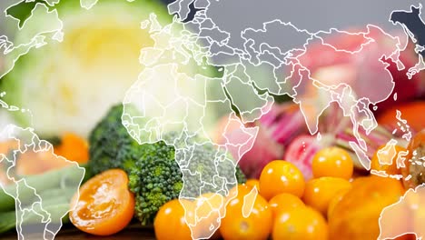 animación del mapa del mundo sobre una mesa de verduras