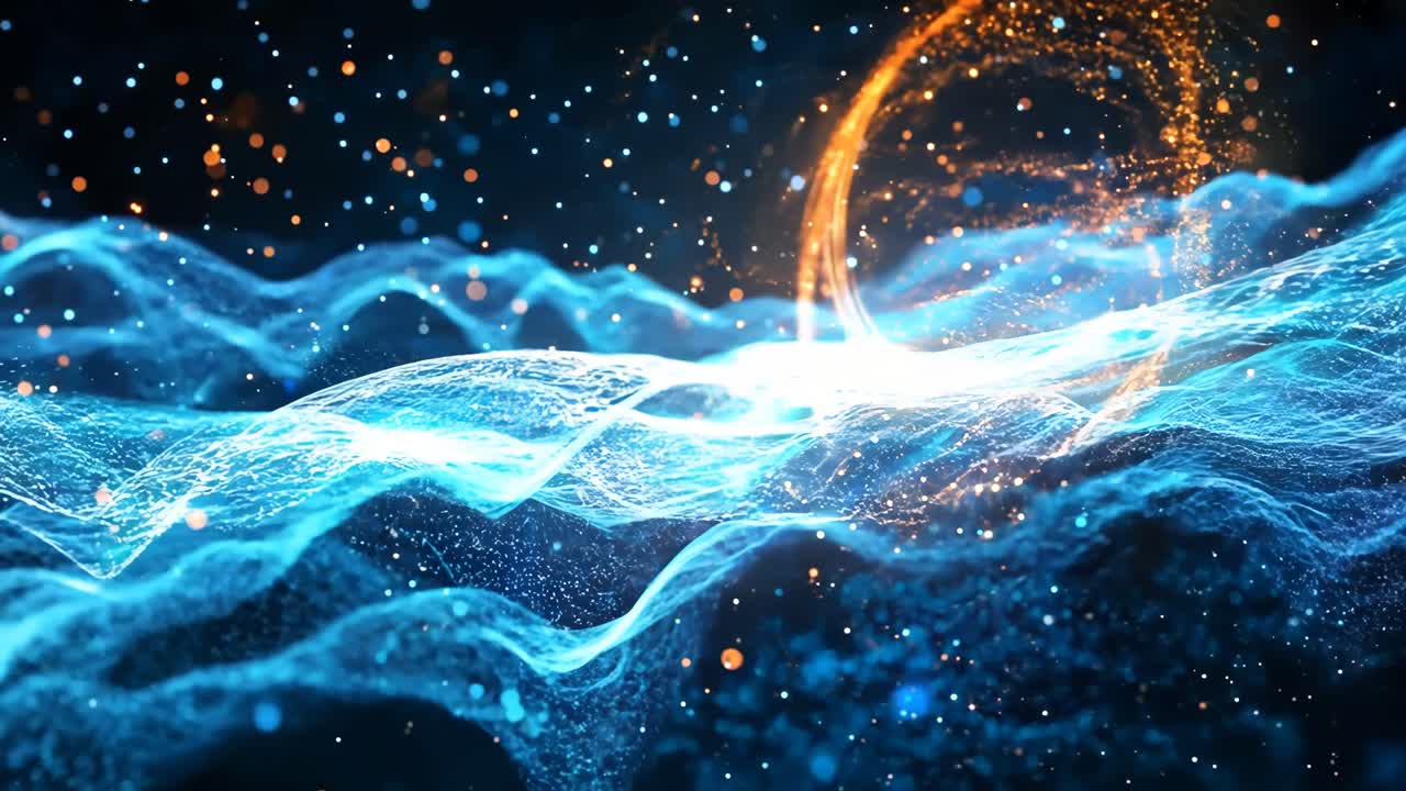 A blue and orange wave with a lot of sparkles. The blue is very bright and the orange is very bright