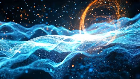 a blue and orange wave with a lot of sparkles. the blue is very bright and the orange is very bright