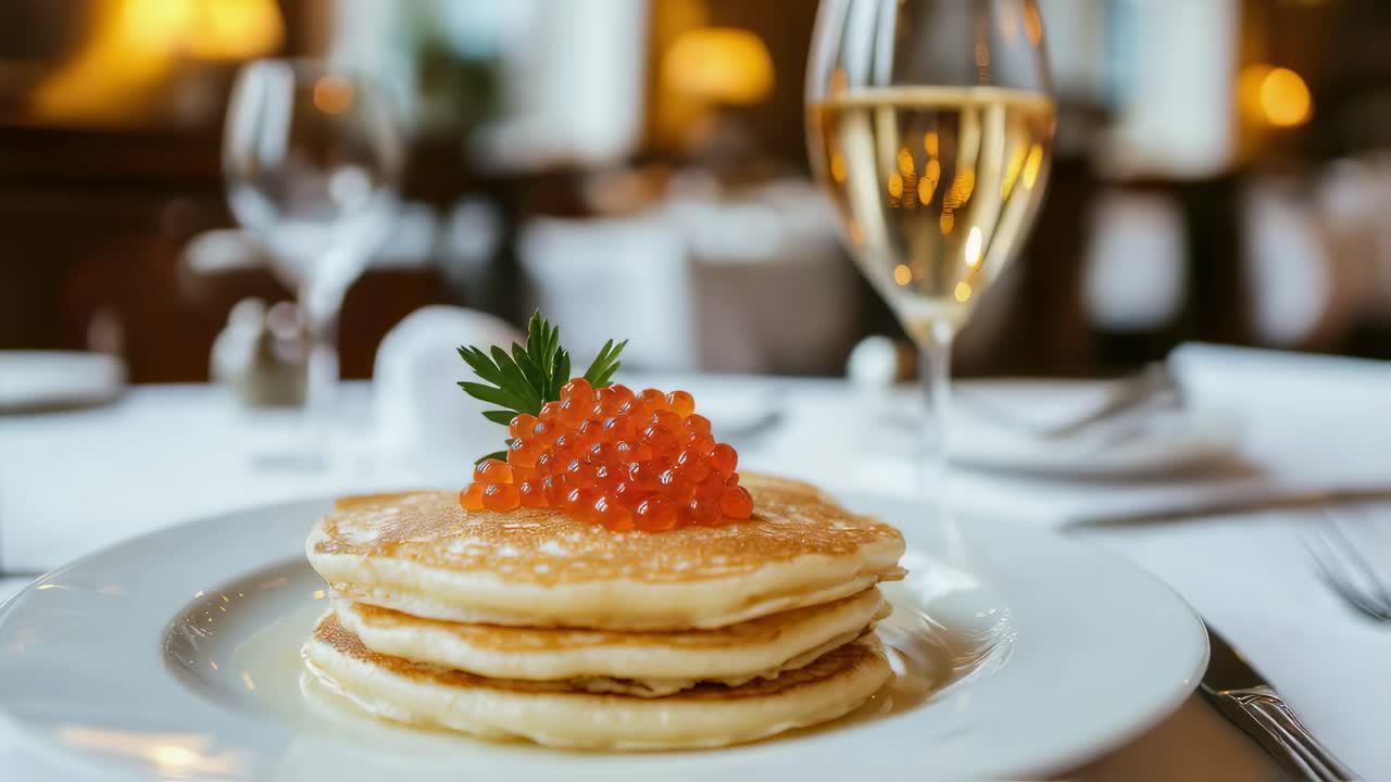 Una pila di pancake con caviale rosso