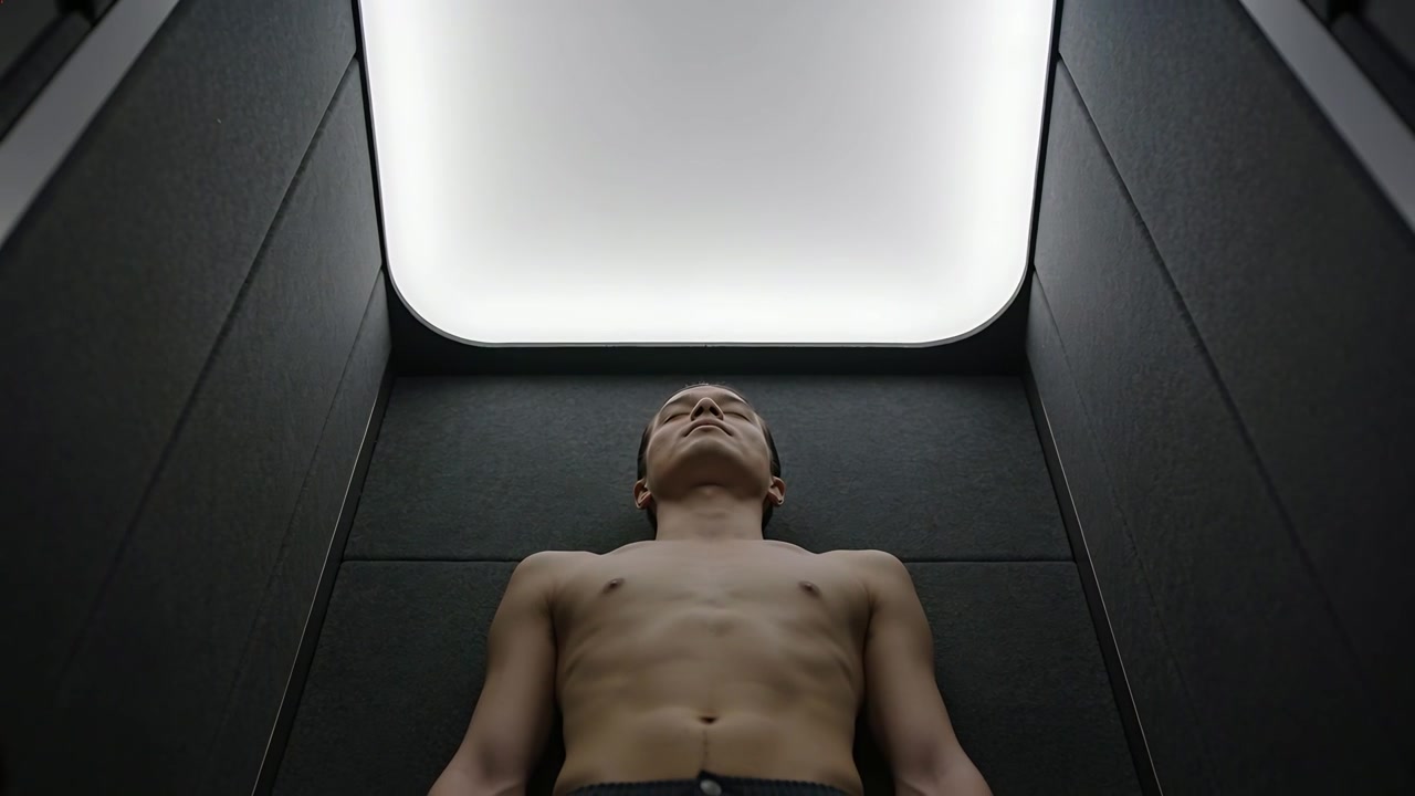 La telecamera riprende un uomo adulto a torso nudo che respira lentamente in una stretta camera imbottita, sotto la luce del soffitto