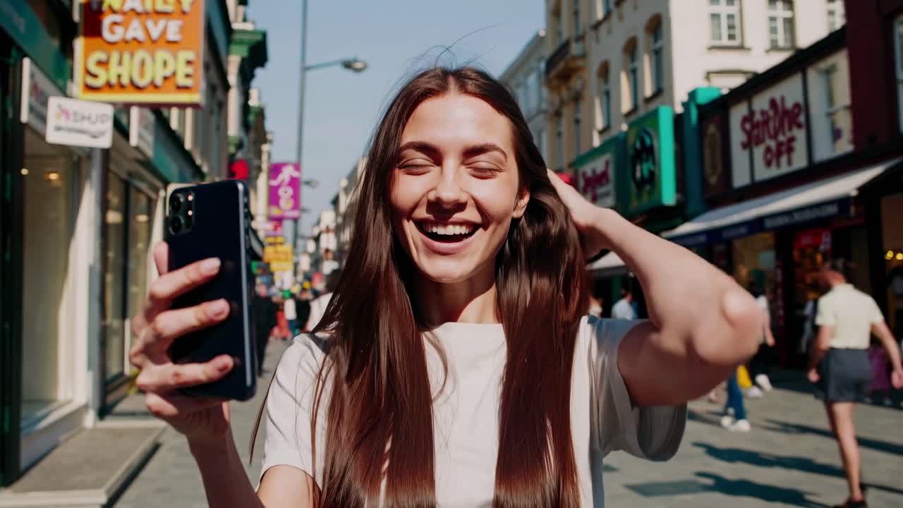 Wideo z żywą sceną uliczną, z ujęcia z niskiej perspektywy uśmiechniętej kobiety robiącej selfie.