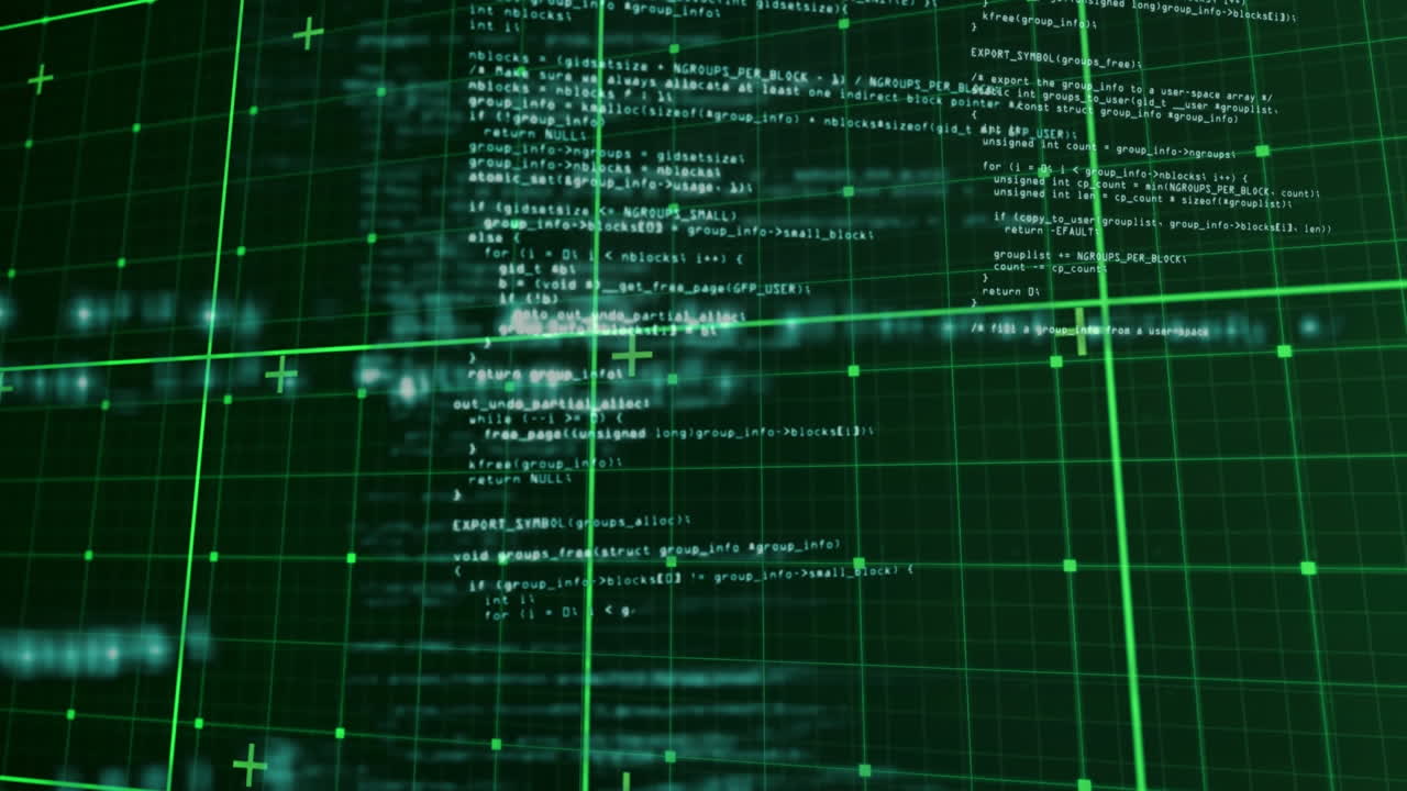 Animation of data processing over grid network against green background