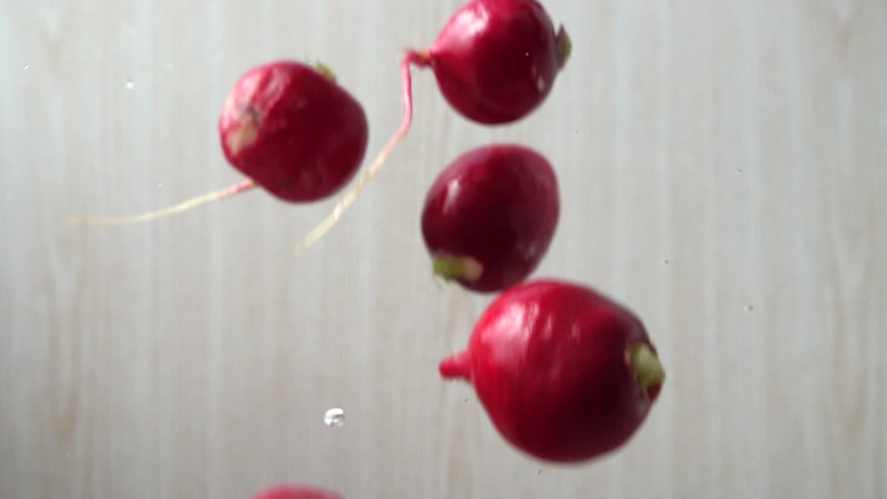 The falling garden radish fruits. Slow motion