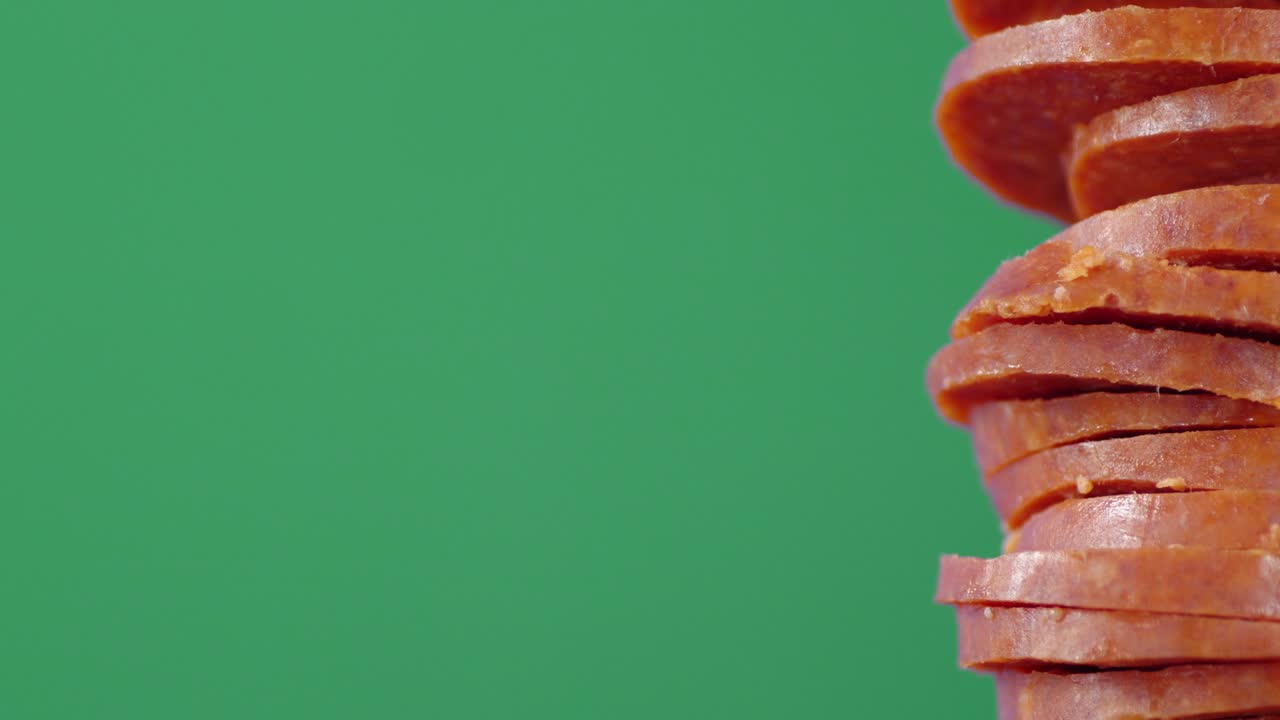 A pile of sliced pieces of salami slowly rotates.