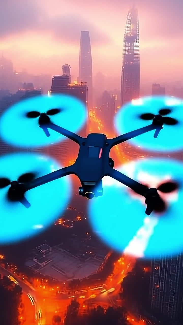 Drone flying over a city at twilight. A drone hovers above a vibrant cityscape during twilight as city lights illuminate the surroundings.