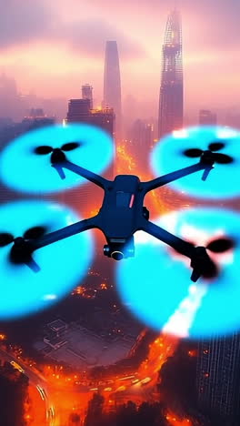 drone flying over a city at twilight. a drone hovers above a vibrant cityscape during twilight as city lights illuminate the surroundings.
