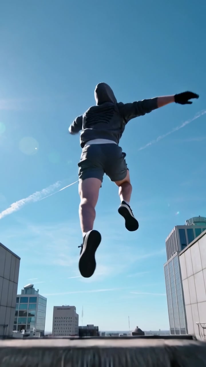 Vertical video: Leaping adult male pushing off rooftop ledge, aiming to cross gap in hoodie, gloves