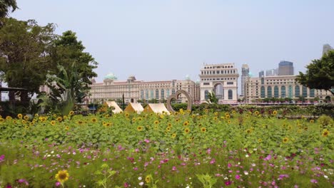 colourful meadow, wildflowers blossoming, artistic architectural scene