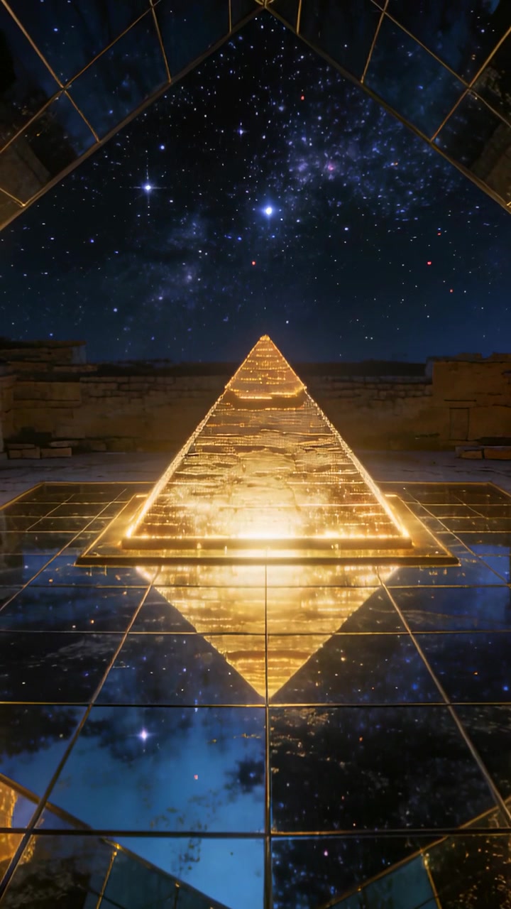 Vertikální video: Kamera se oddaluje od zlaté pyramidy pulzující na zrcadlové podlaze, odhalující Mléčnou dráhu