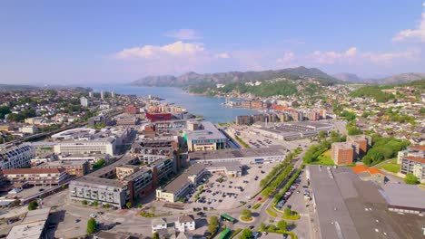 panning drone footage of sandnes city, gandsfjord and mountains in rogaland norway