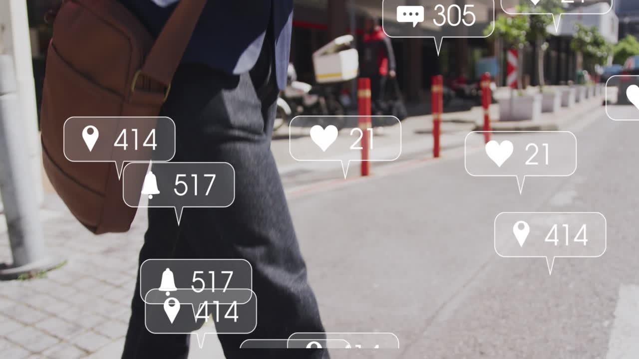 거리를 건너는 아프리카계 미국인 남성 위에 소셜 미디어 아이콘의 애니메이션