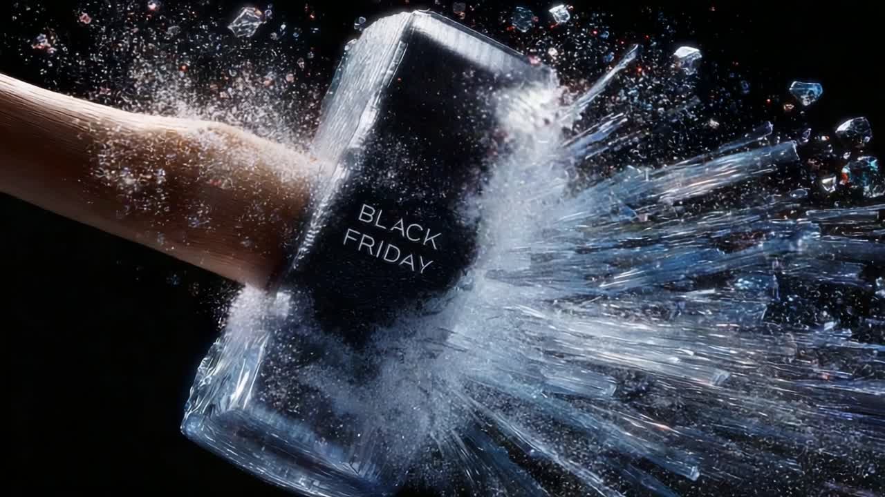 A Dynamic Representation of Black Friday with a Hammer Shattering a Glass Object, Creating an Explosive Display of Water and Fragments Symbolizing Shopping Frenzy and Excitement