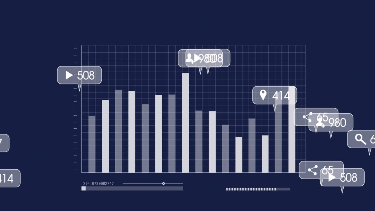 Animation of social media and financial data processing over dark background