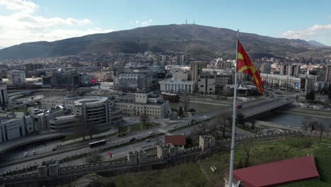 aerial view of the national flag of macedonia located inside the castle, flag is the symbol of the country