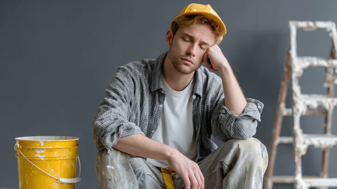 Un giovane operaio con un cappello giallo e jeans macchiati di vernice siede pensieroso, esprimendo stanchezza e riflessione mentre lavora a un progetto di pittura non ancora terminato