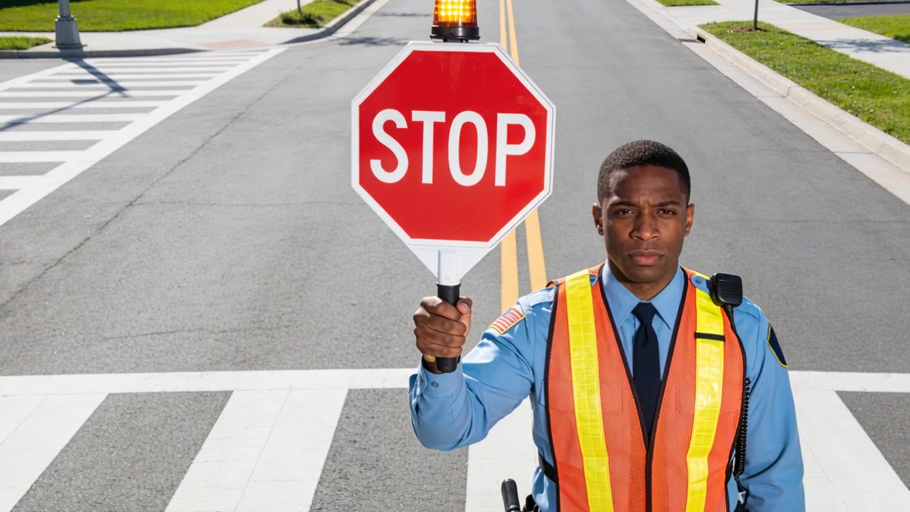 Un agente tiene una paletta di stop, controllando un attraversamento pedonale residenziale mentre le auto si avvicinano, con giubbotto e radio