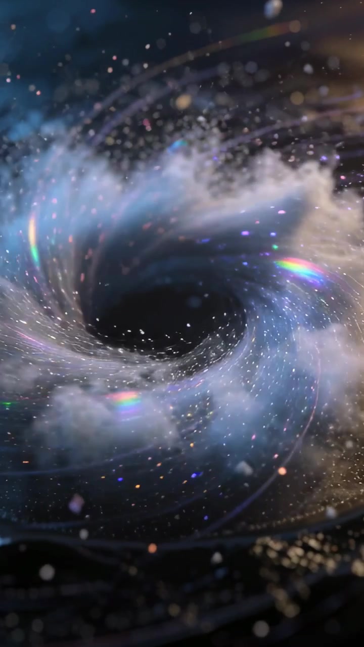 Vertical video: Whirling vortex pulling motes inward as top flare rising, forming void in nebula