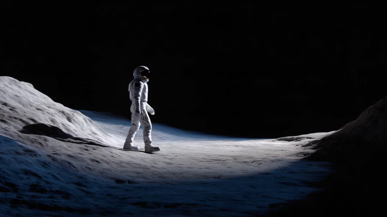 Ein einsamer Astronaut in einer atemberaubenden Mondlandschaft, der die dunkle Stille der Mondoberfläche erkundet, umgeben von Schatten und Kratern unter einem weiten Kosmos