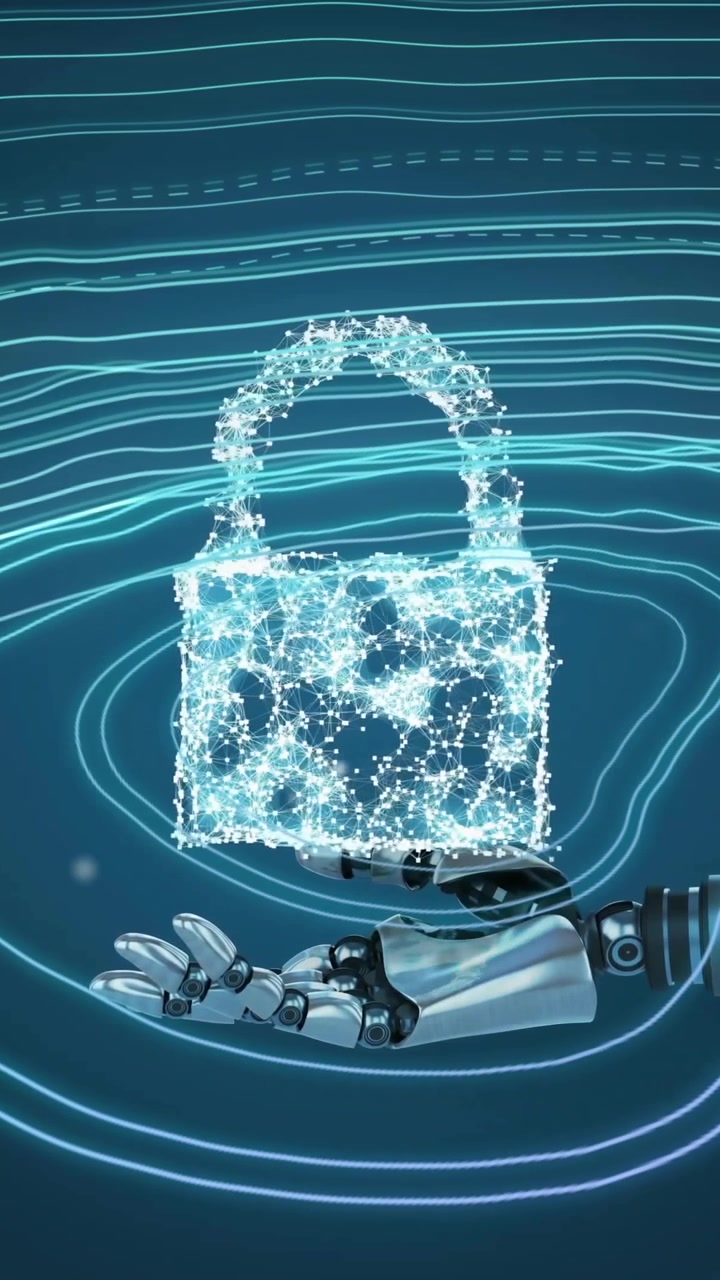 Robotic hand holding digital lock, cybersecurity animation over blue wave patterns