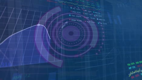 Animation-of-loading-circles-over-graphs-and-trading-boards-against-server-room-in-background