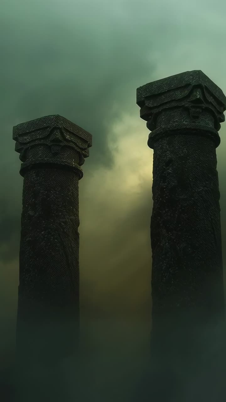 Video verticale: nuvole verdi pulsanti che emanano una luce calda tra due pilastri di pietra in rovina, nebbia sottostante