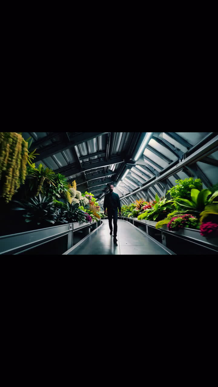 hombre caminando a través de un túnel botánico futurista