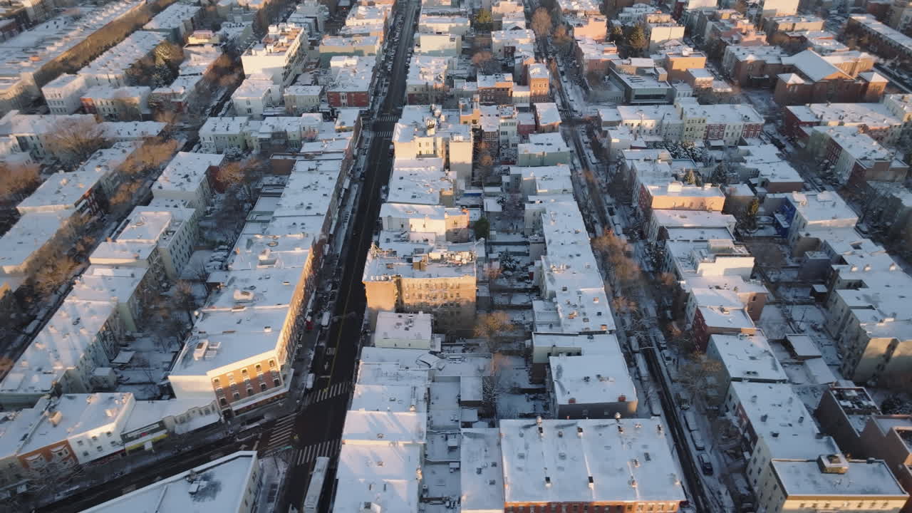 Aerial view of homes and streets in Greenpoint, Brooklyn. Shot on a winter morning in New York City.