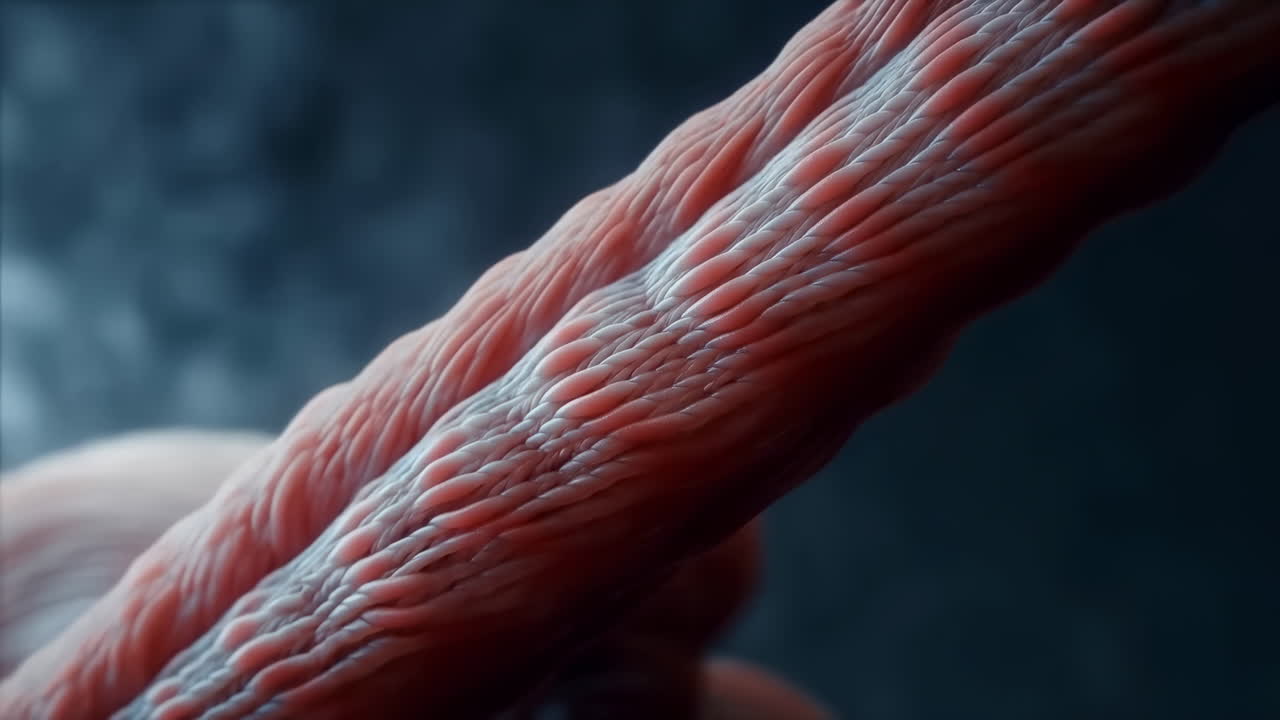 Gros plan de fibres musculaires torsadées montrant des faisceaux de collagène striés, éclairage cinématographique en basse lumière, faible profondeur, lent