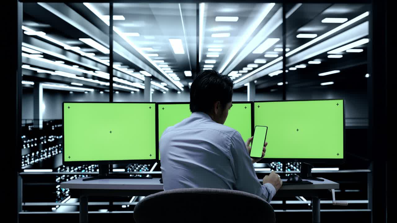 녹색 화면 모니터를 가진 스마트폰을 사용하는 서버 의 기술자