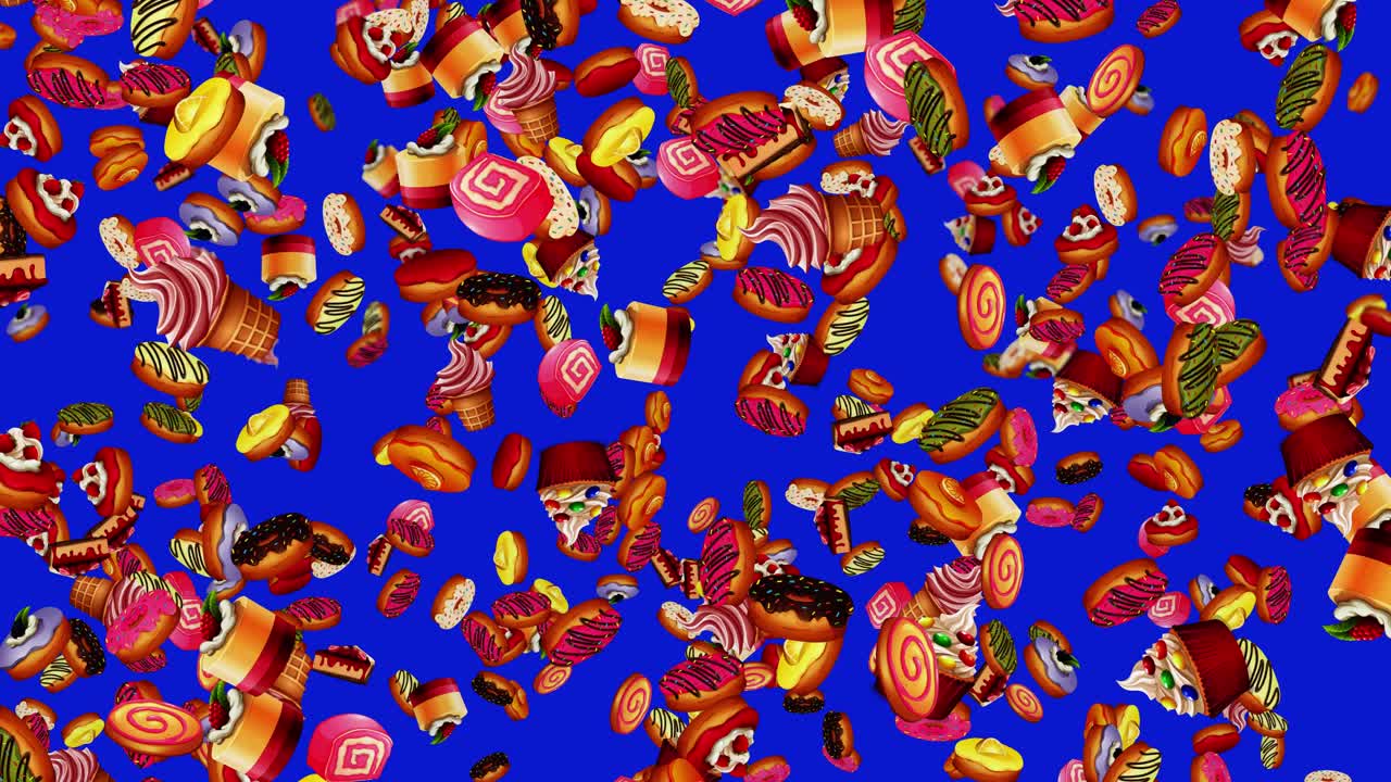 Animated variety of cupcakes, donuts, and pastries fall continuously against a solid blue backdrop