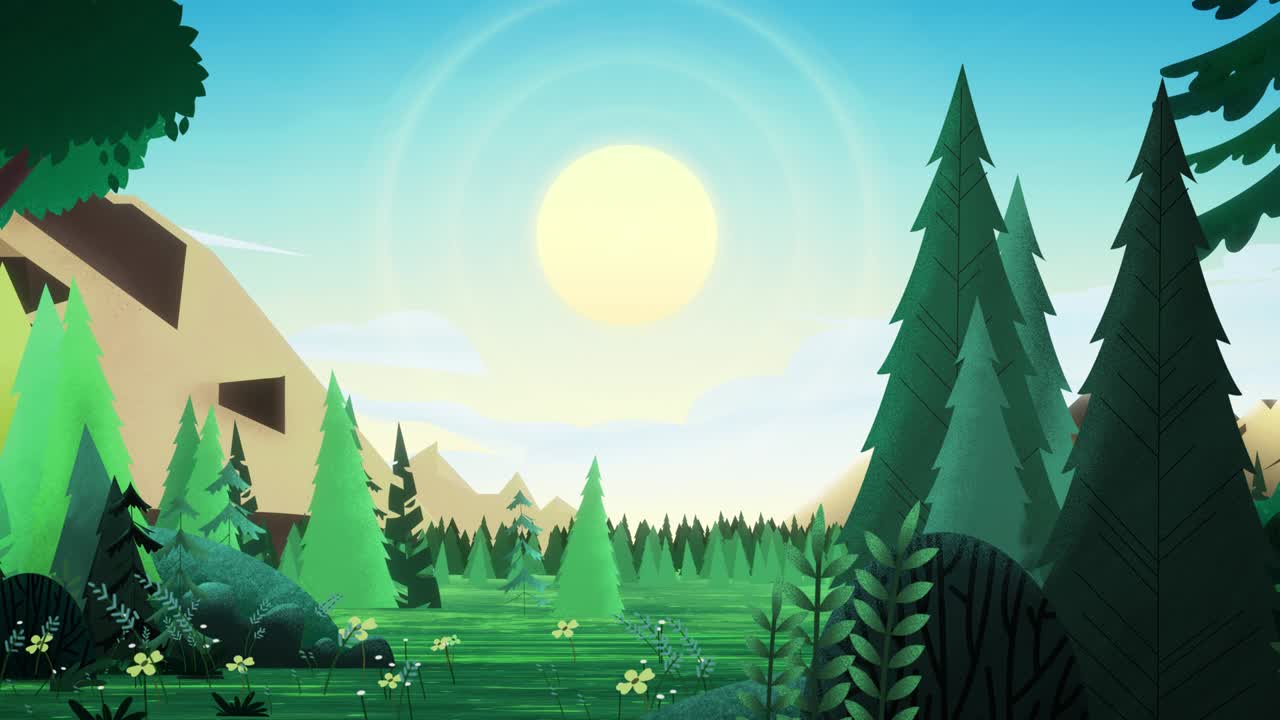 밝은 빛의 일출, 구름에서, 아름다운 여름의 바나무 숲에서, 상록 나무, 관목, 꽃은 부드러운 바람에 천천히 흔들립니다.