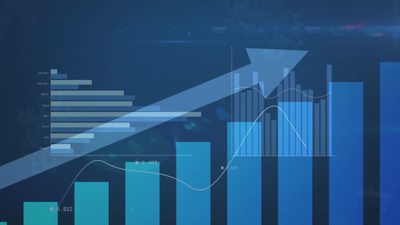 Animation of diverse graphs and arrow on blue background