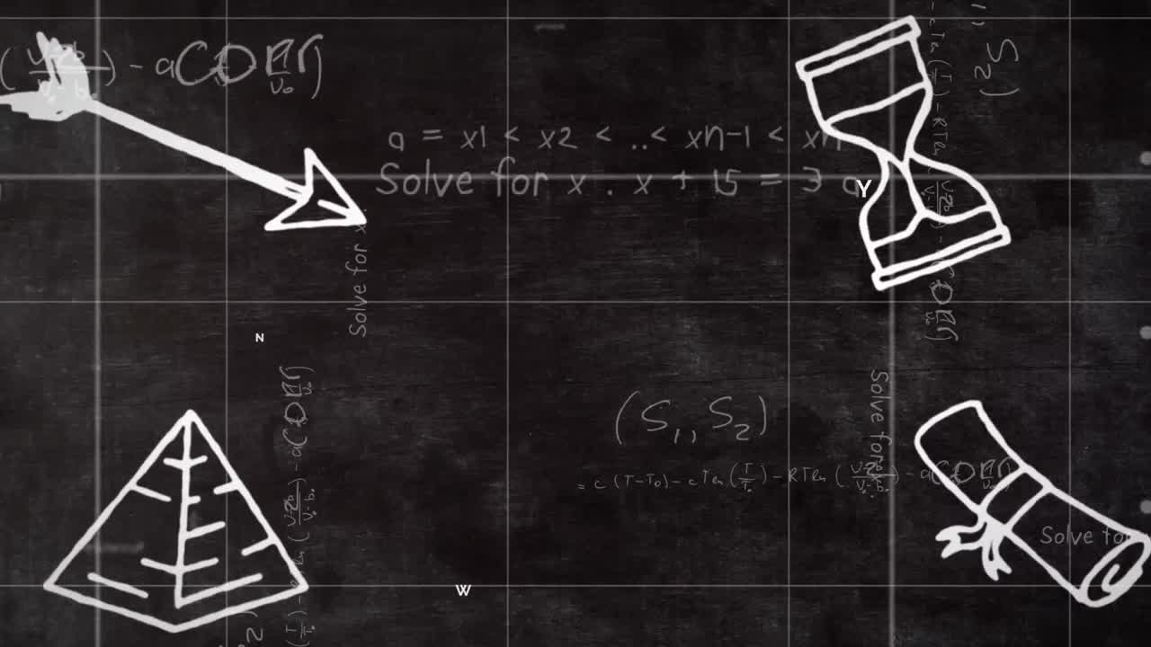 어두운 배경에 빛을 비추는 수학적 그림과 공식의 애니메이션