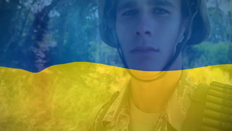 animation of caucasian soldier with weapon over flag of ukraine