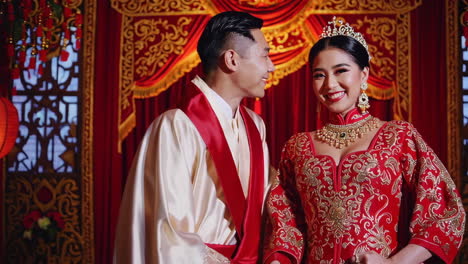 happy chinese couple in traditional attire