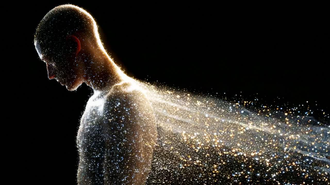 A mesmerizing portrayal of a human figure seemingly transforming into a cascade of shimmering particles, embodying the concept of ethereal beauty and the essence of existence in a surreal artistic expression