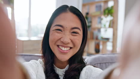 selfie, smile and a happy asian woman closeup