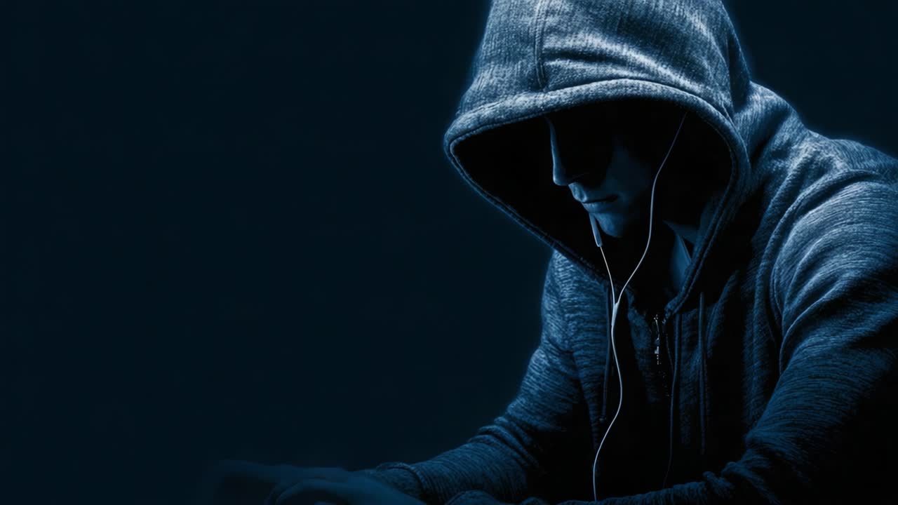 A shadowy figure in a hoodie immersed in technology, embodying the essence of digital culture and silent contemplation, highlighting the connection between humanity and modern devices