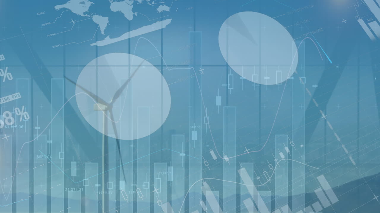 푸른 하늘을 배경으로 회전하는 풍차 위에서 통계 데이터 처리의 애니메이션